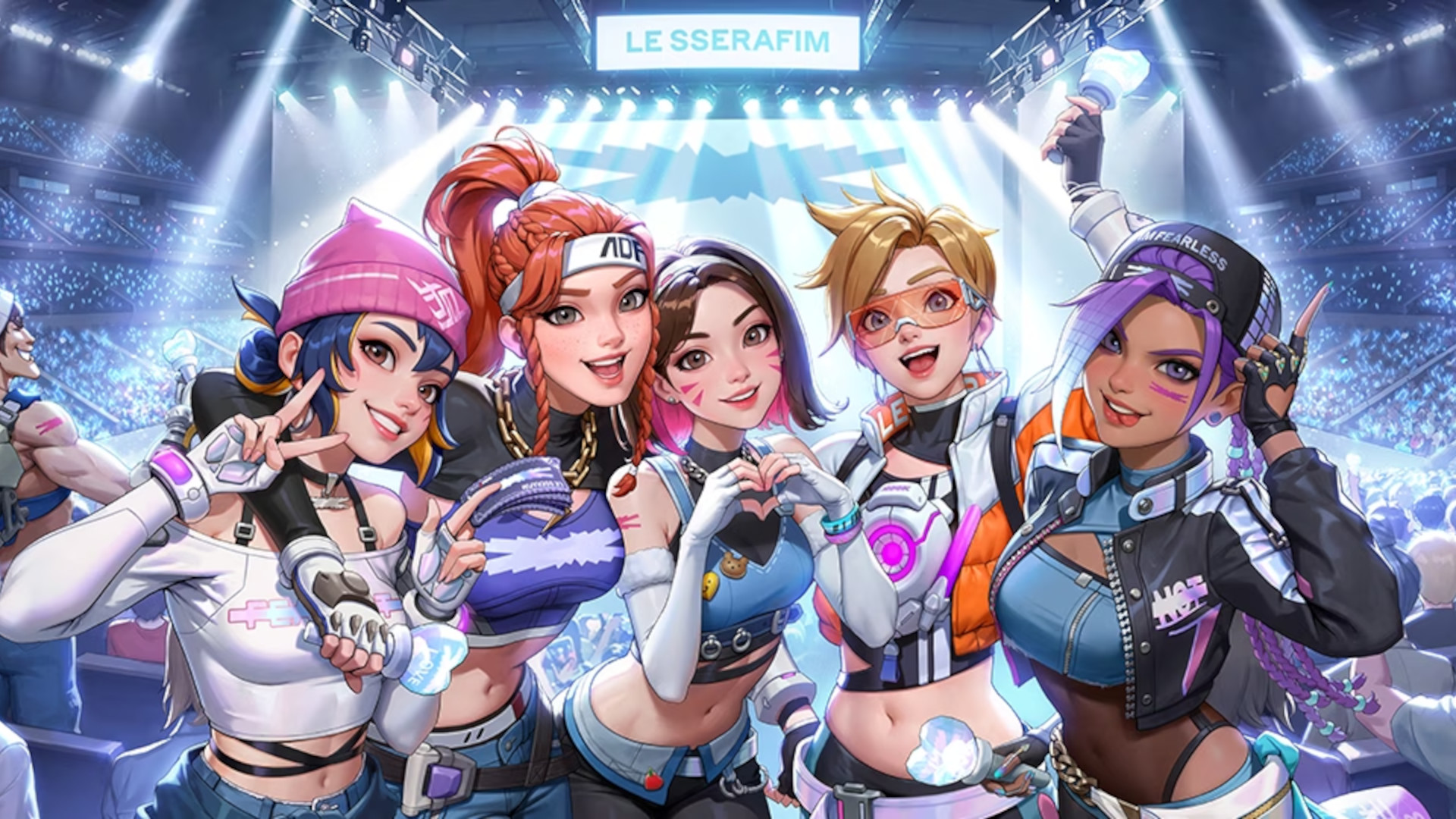 Overwatch 2 characters dressed in LE SSERAFIM outfits