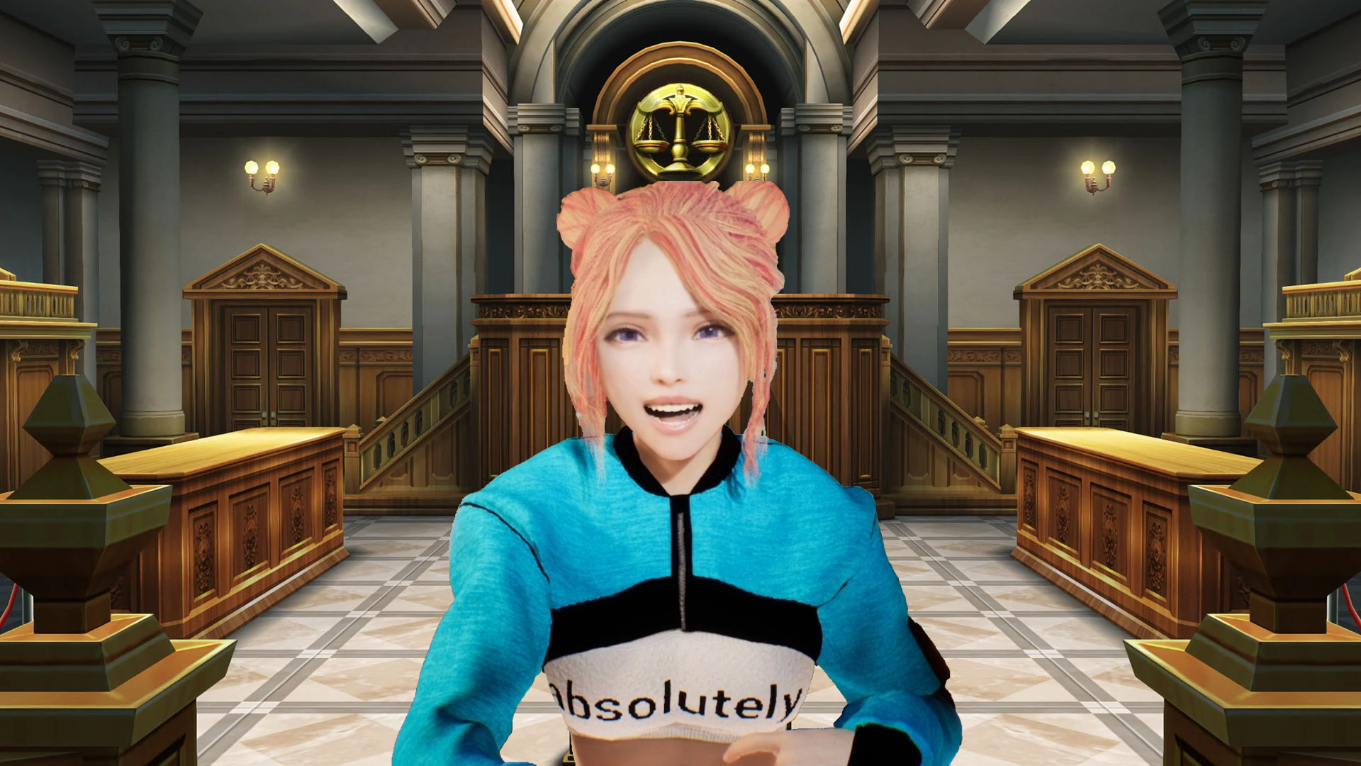 CodeMIko in front of a courtroom from Ace Attorney