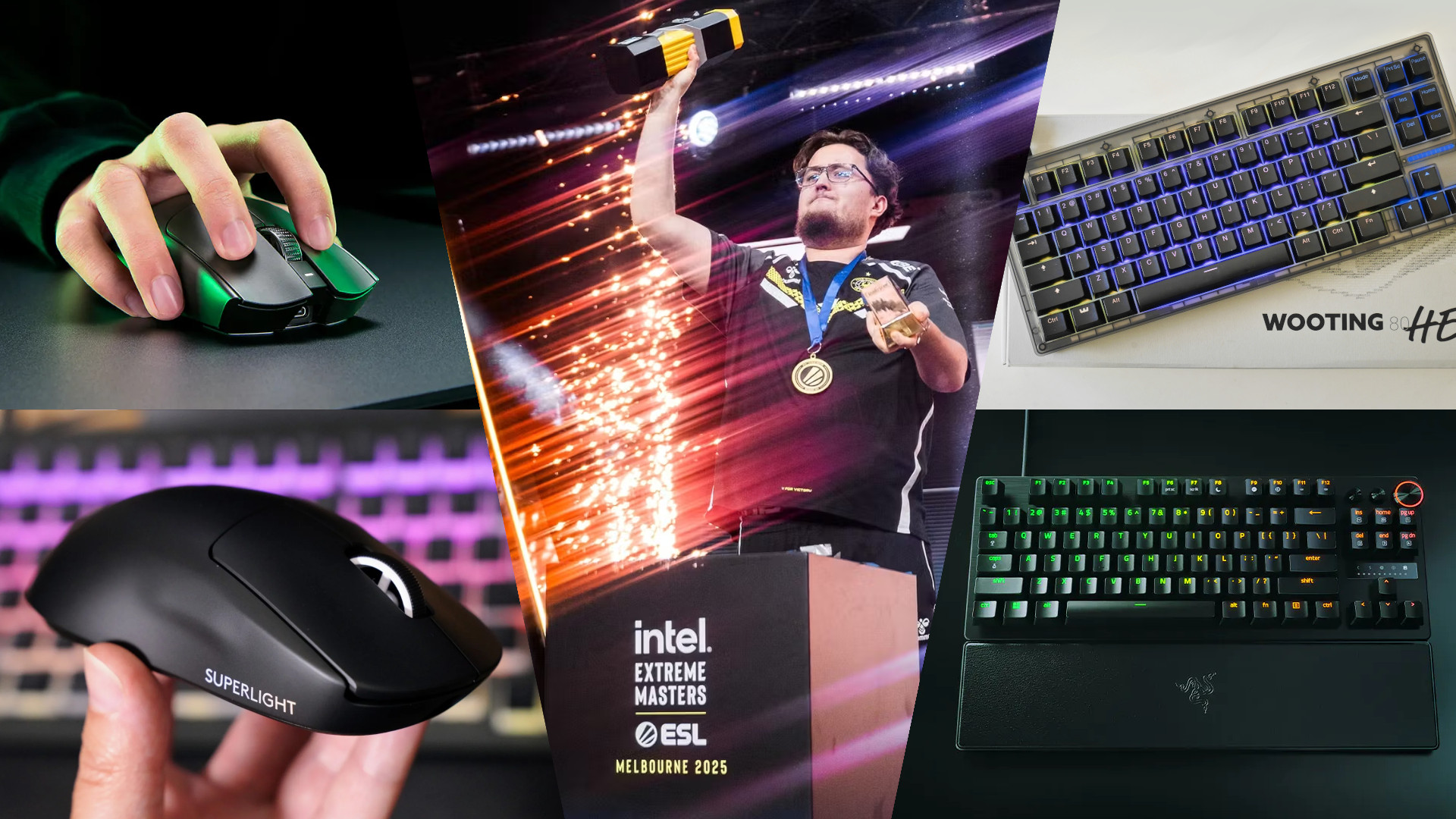 Collage of IEM Melbourne 2025 and multiple mice and keyboards