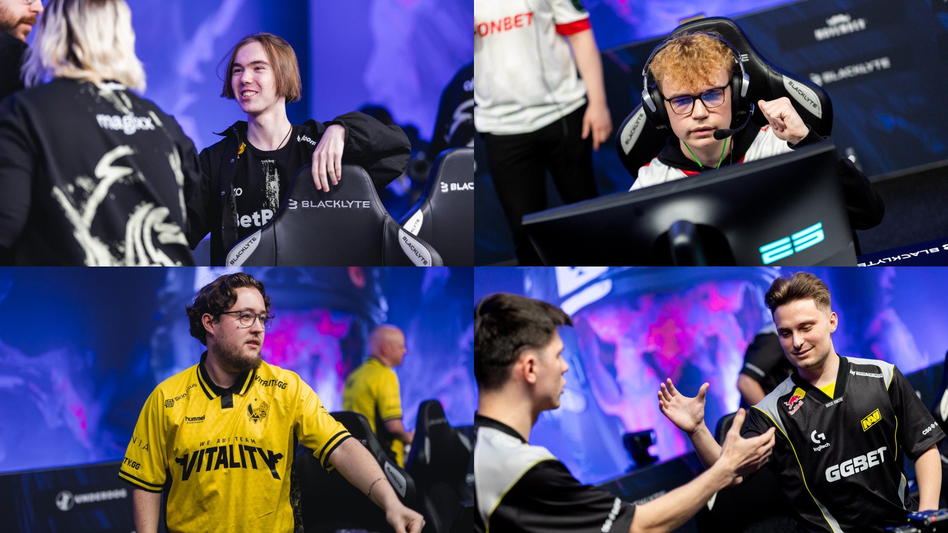 Collage of photos of Spirit, MOUZ, Vitality, and NAVI from Blast Austin Major 2025